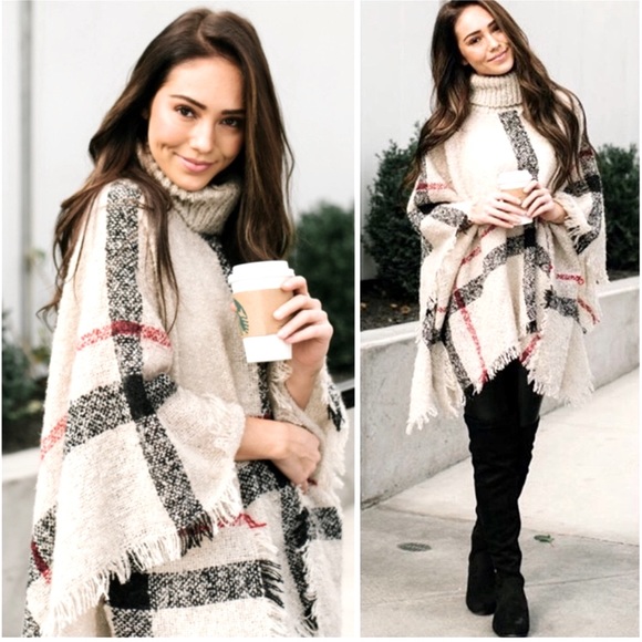 BOHO Plaid Turtleneck Sweater Poncho - Picture 2 of 7